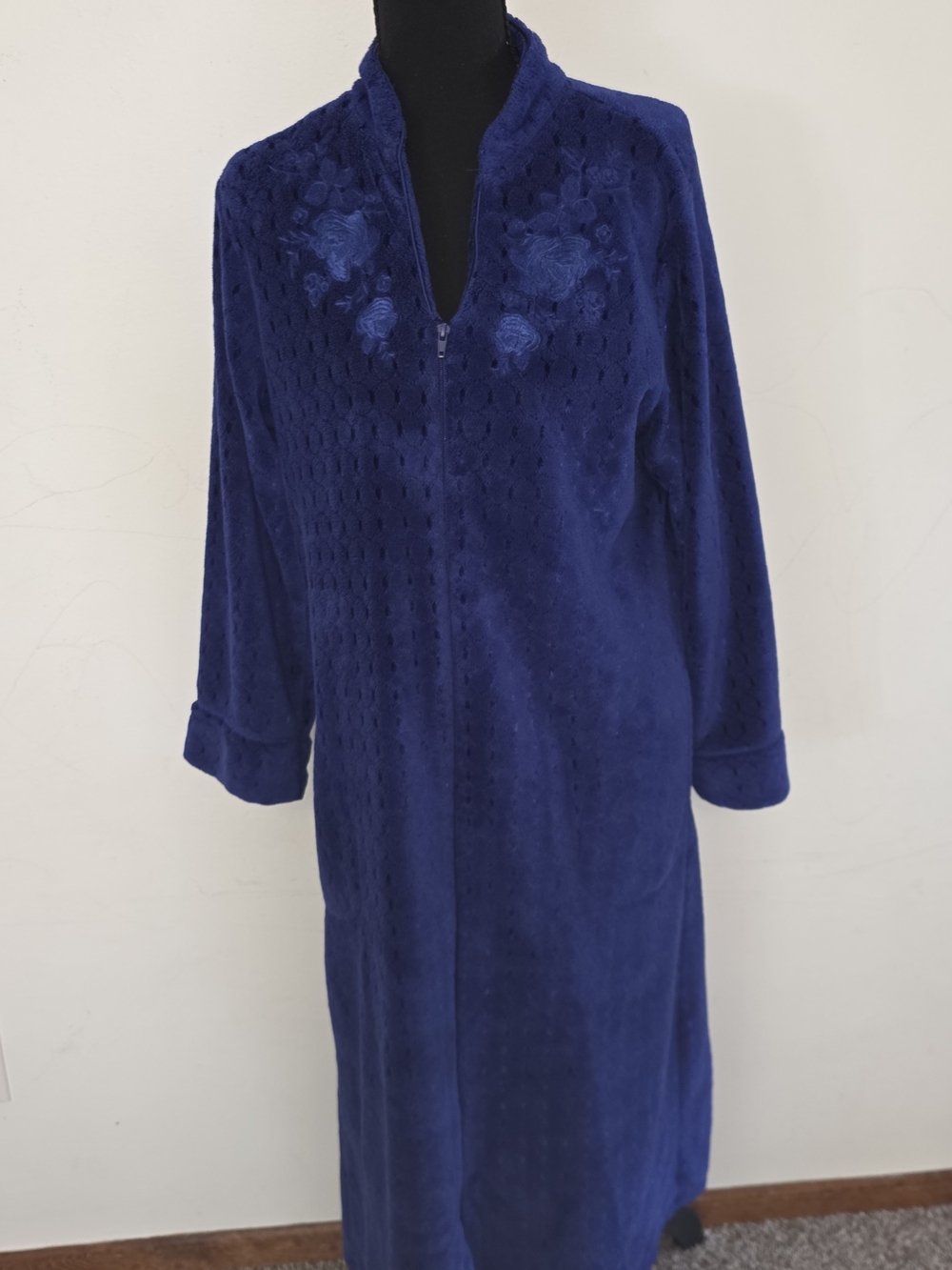 Miss Elaine Deep Blue Plush Zip-Front Robe with Embroidered Neck